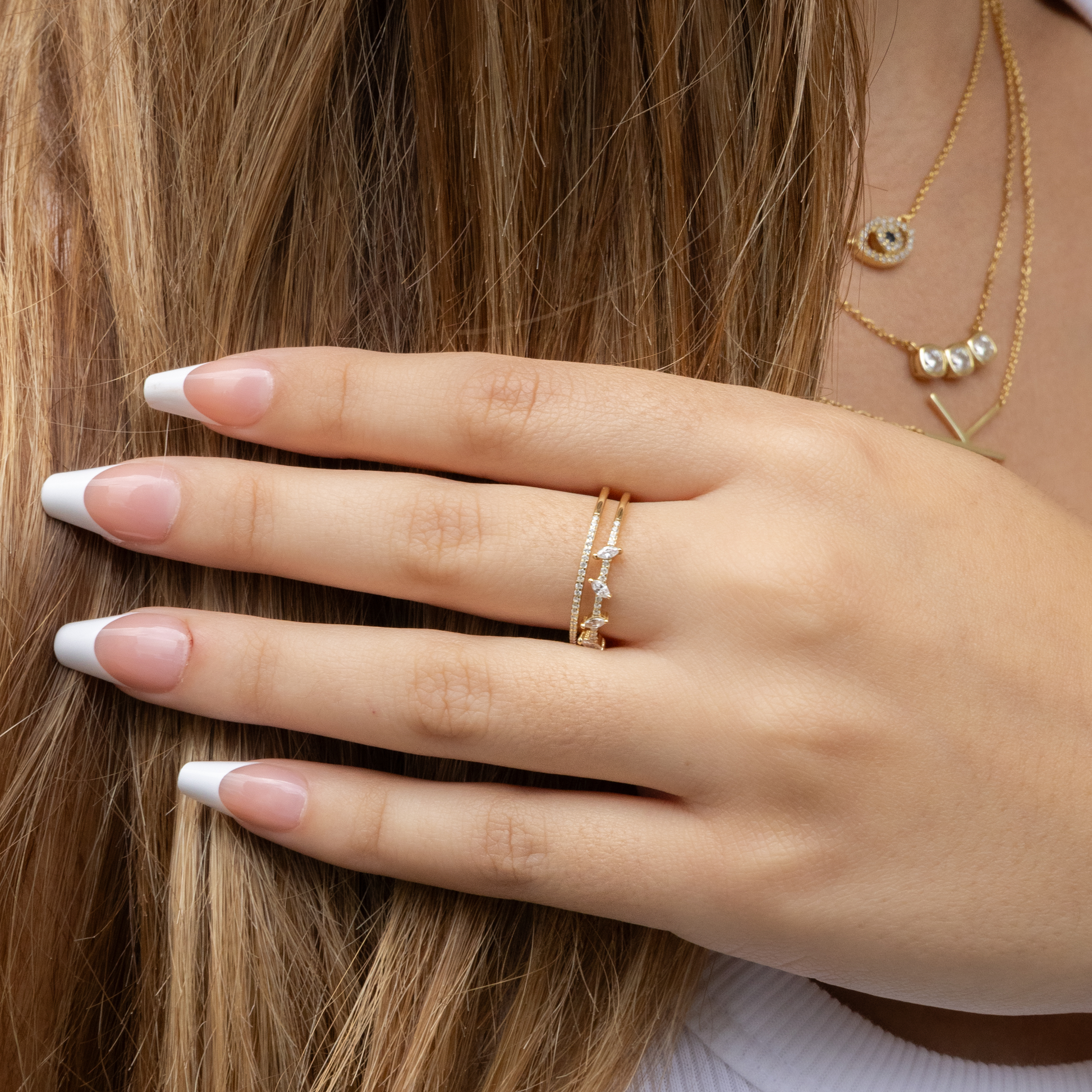 Gold Layered Marquise Stacked Ring from Alexandra marks jewelry. 