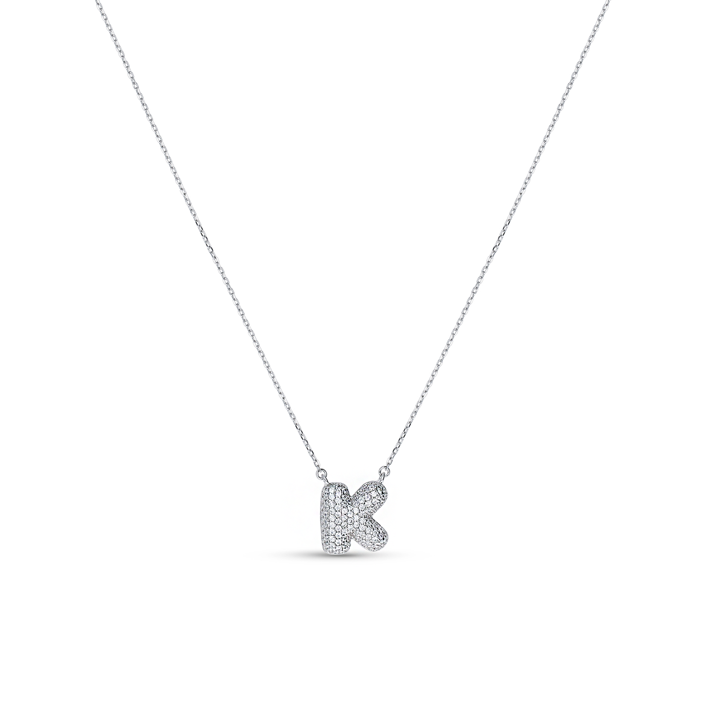 Letter K Initial Necklace with CZ Stones in sterling silver. 