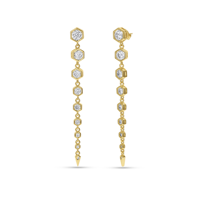 Long graduated cz hexagon drop earrings in gold from Alexandra Marks Jewelry