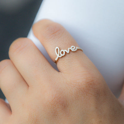 Diamond Love Script Ring in Yellow Gold