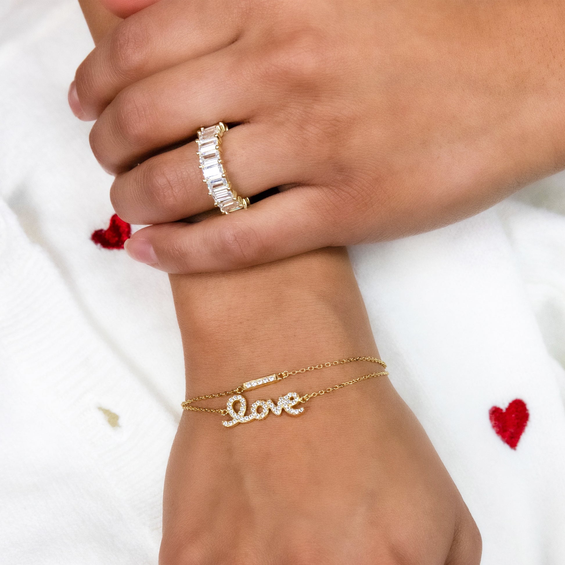 Baguette Gold Eternity Band and Love Bracelets