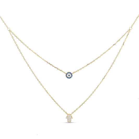 Hamsa & Evil Eye charm necklace in gold from Alexandra marks jewelry