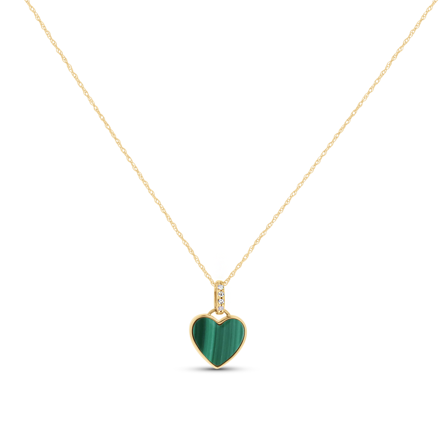 Malachite Green Heart Necklace with Diamonds in Yellow Gold. 