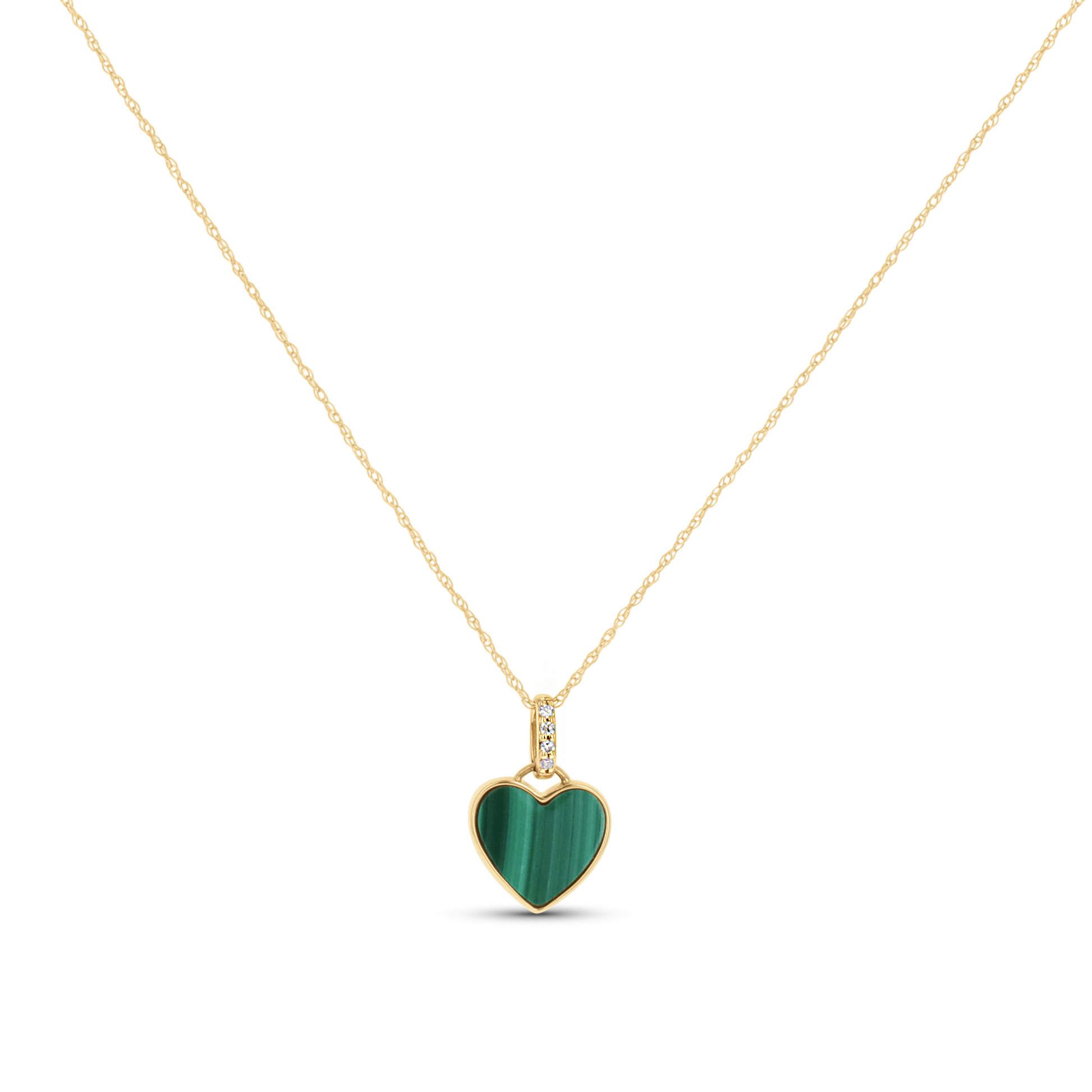 Malachite Green Heart Necklace with Diamonds in Yellow Gold. 
