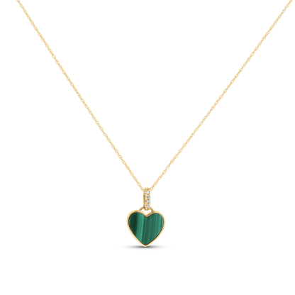 Malachite Green Heart Necklace with Diamonds in Yellow Gold. 