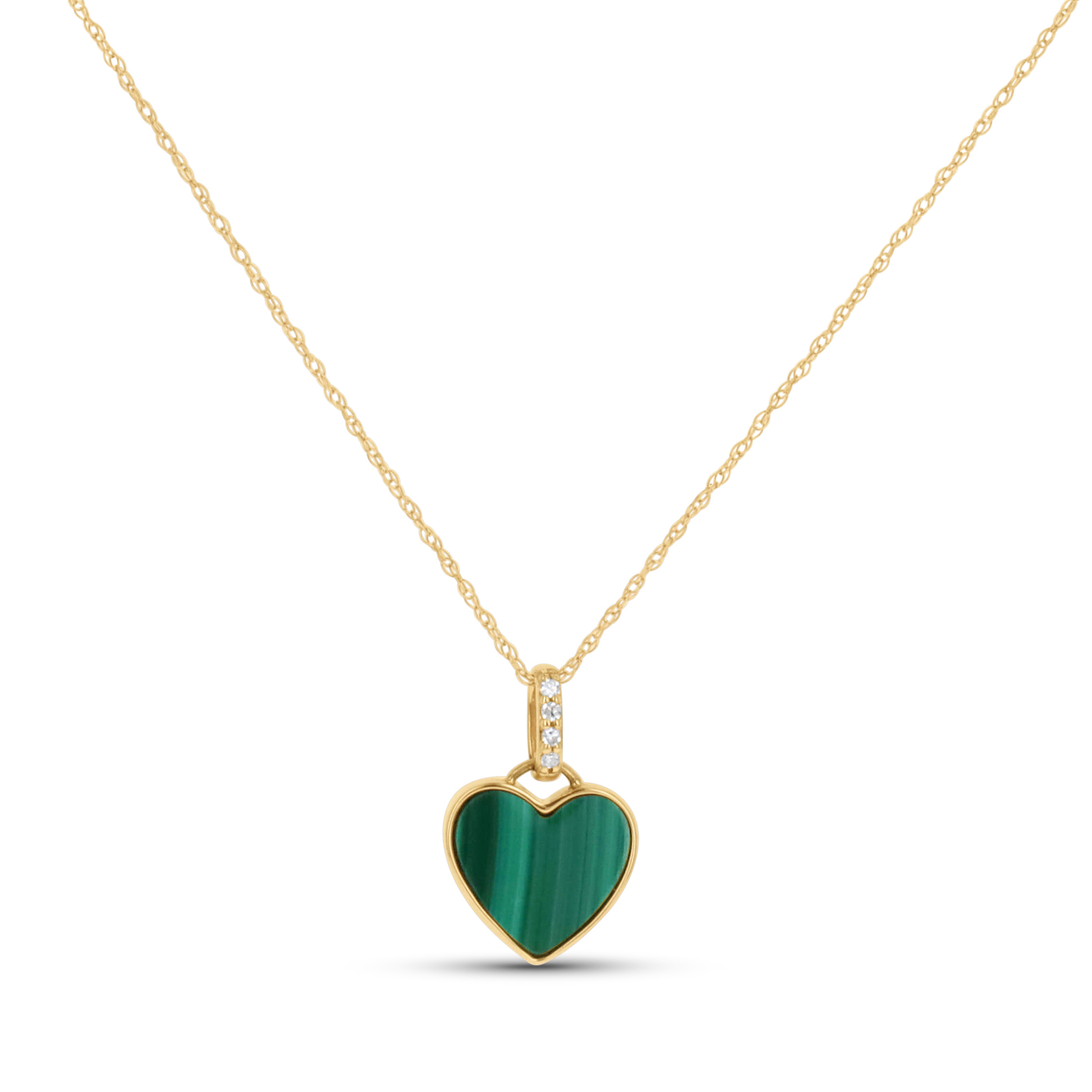 Gold necklace with a green heart-shaped pendant in yellow gold. 