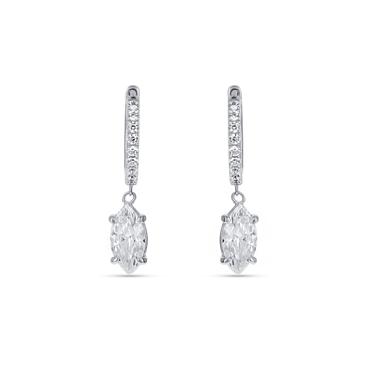 Marquise Charm CZ Drop Hoop Earrings in Sterling Silver. 