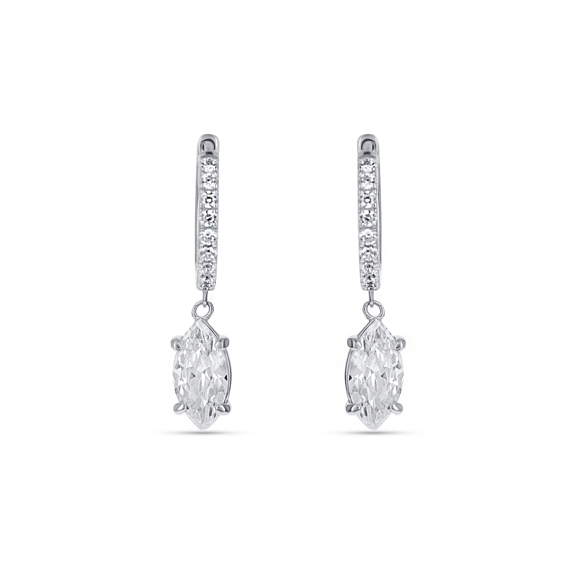 Marquise Charm CZ Drop Hoop Earrings in Sterling Silver. 