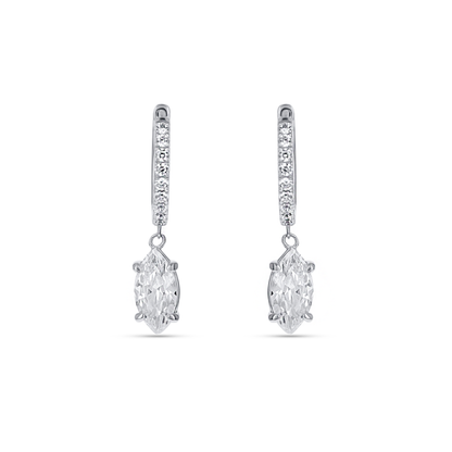 Marquise Charm CZ Drop Hoop Earrings in Sterling Silver. 