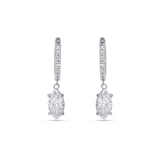 Marquise Charm CZ Drop Hoop Earrings in Sterling Silver. 