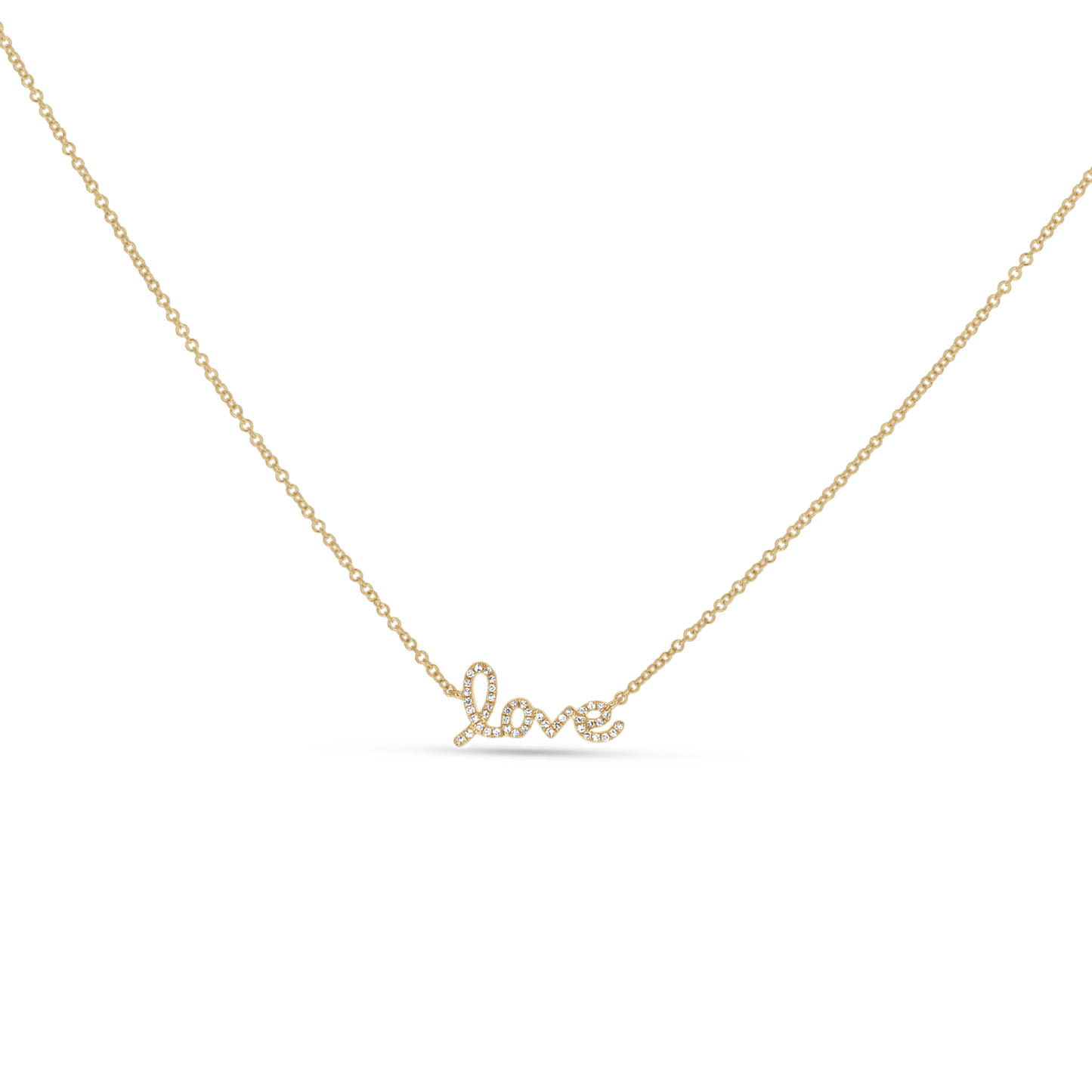 Diamond love script necklace in gold from Alexandra Marks Jewelry
