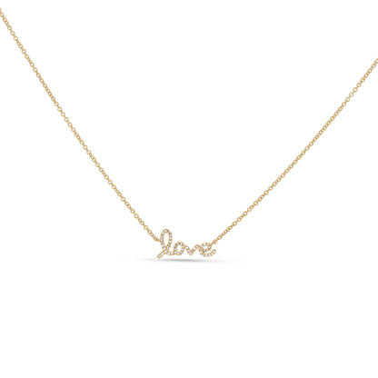 Diamond love script necklace in gold from Alexandra Marks Jewelry
