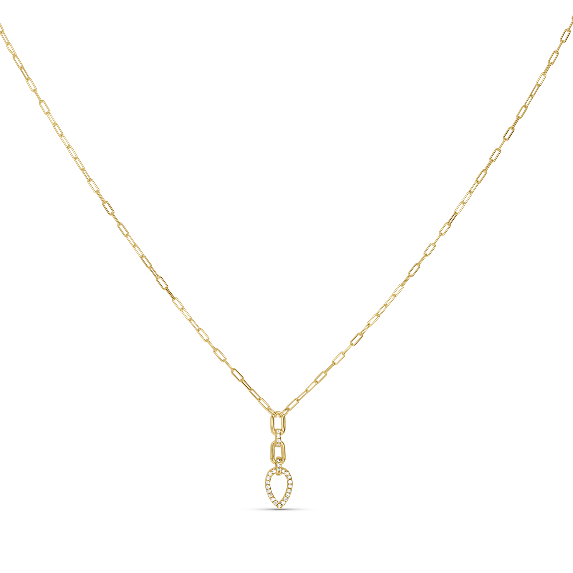 A delicate yellow gold chain necklace with a small teardrop-shaped pendant paved with tiny clear CZ stones from Alexandra Marks Jewelry. 