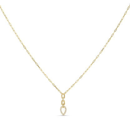A delicate yellow gold chain necklace with a small teardrop-shaped pendant paved with tiny clear CZ stones from Alexandra Marks Jewelry. 
