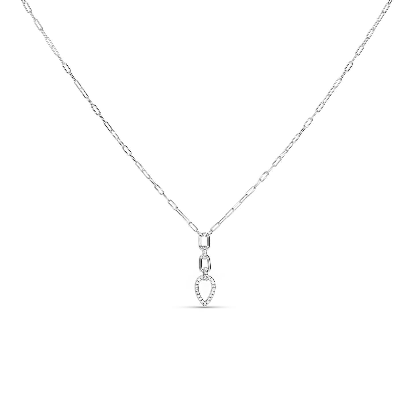 Sterling Silver Geometric Paperclip Drop Necklace with CZ Stones. 