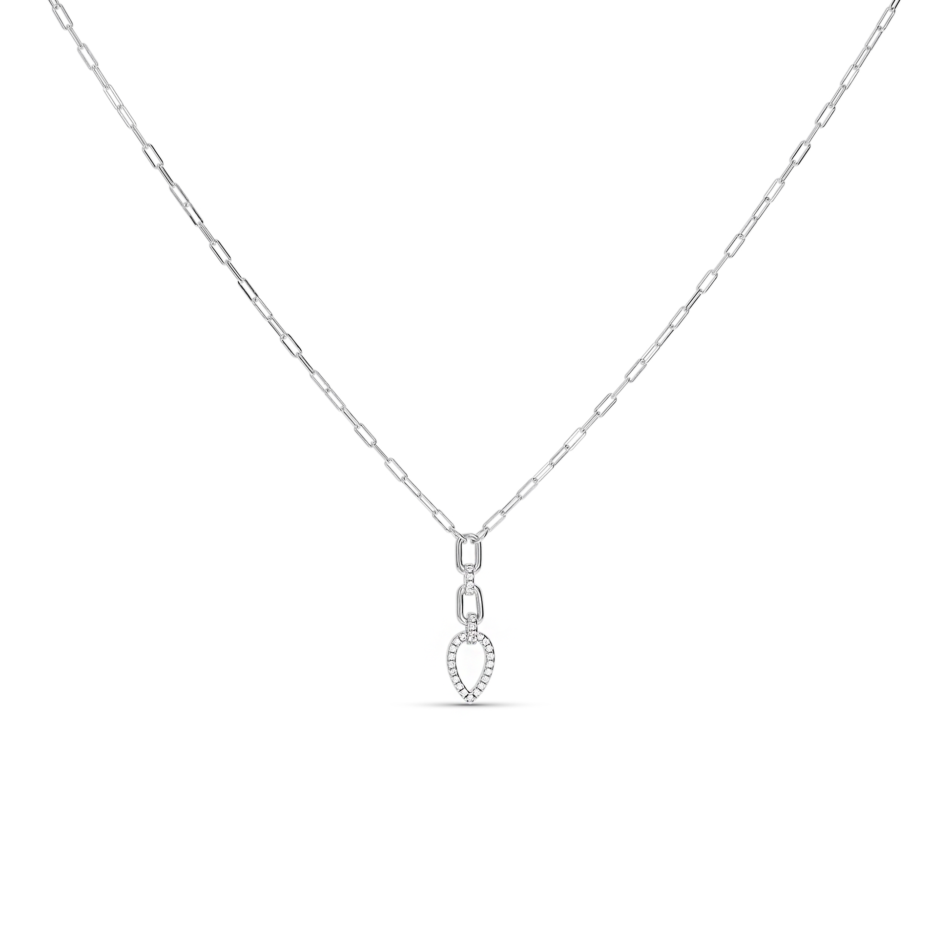 Sterling Silver Geometric Paperclip Drop Necklace with CZ Stones. 