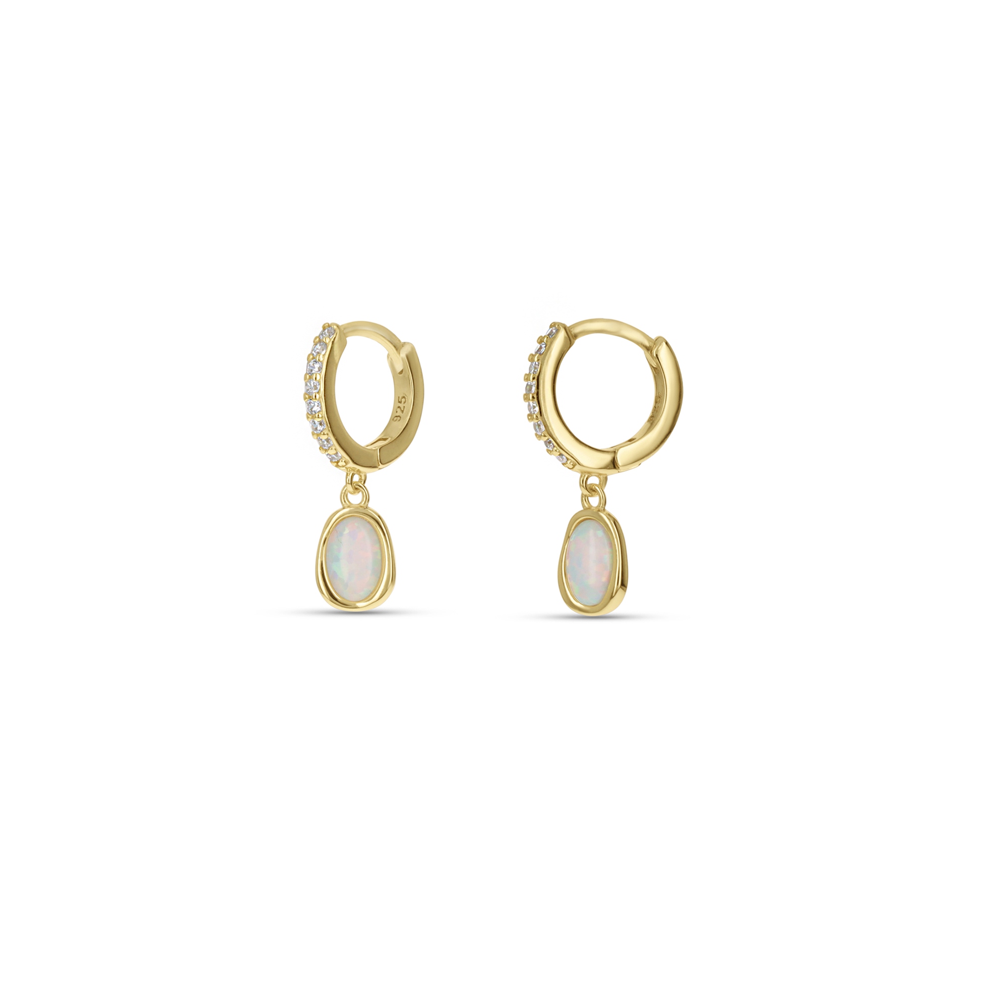 White Opal Charm Gold Huggie Hoop Earrings from Alexandra Marks Jewelry. 