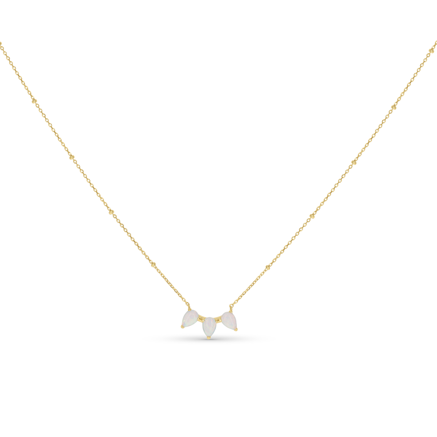 Gold triple pear created opal bar necklace on satellite chain. October Birthstone Necklace. 