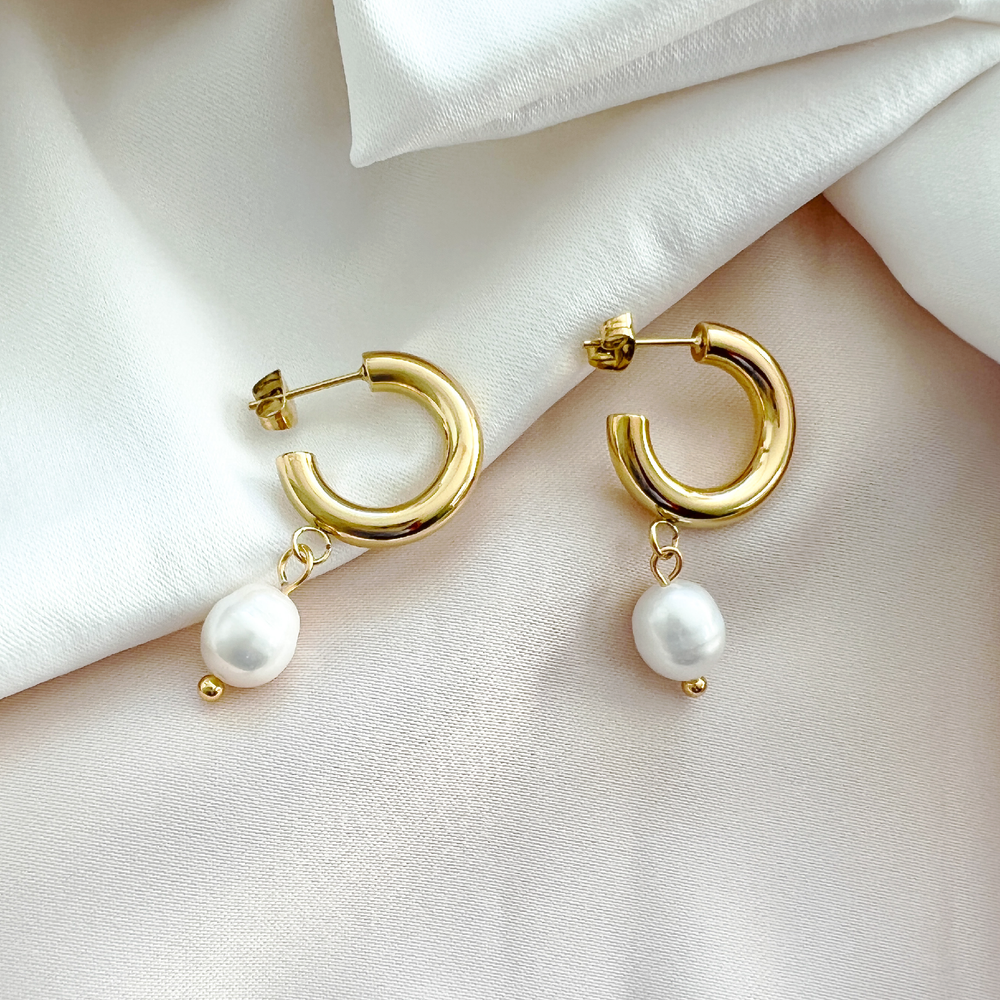 
            
                Load image into Gallery viewer, Pearl Charm Hoops
            
        