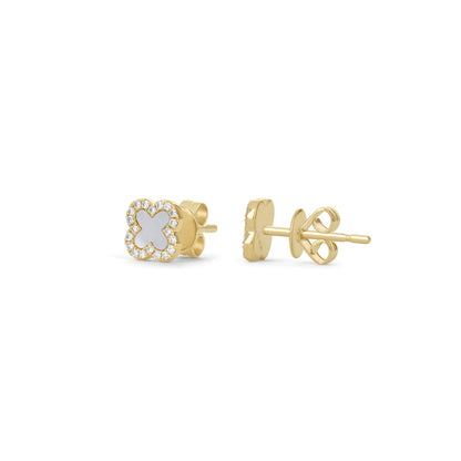 White Pearl and Diamond Clover Stud Earrings from Alexandra Marks Jewelry