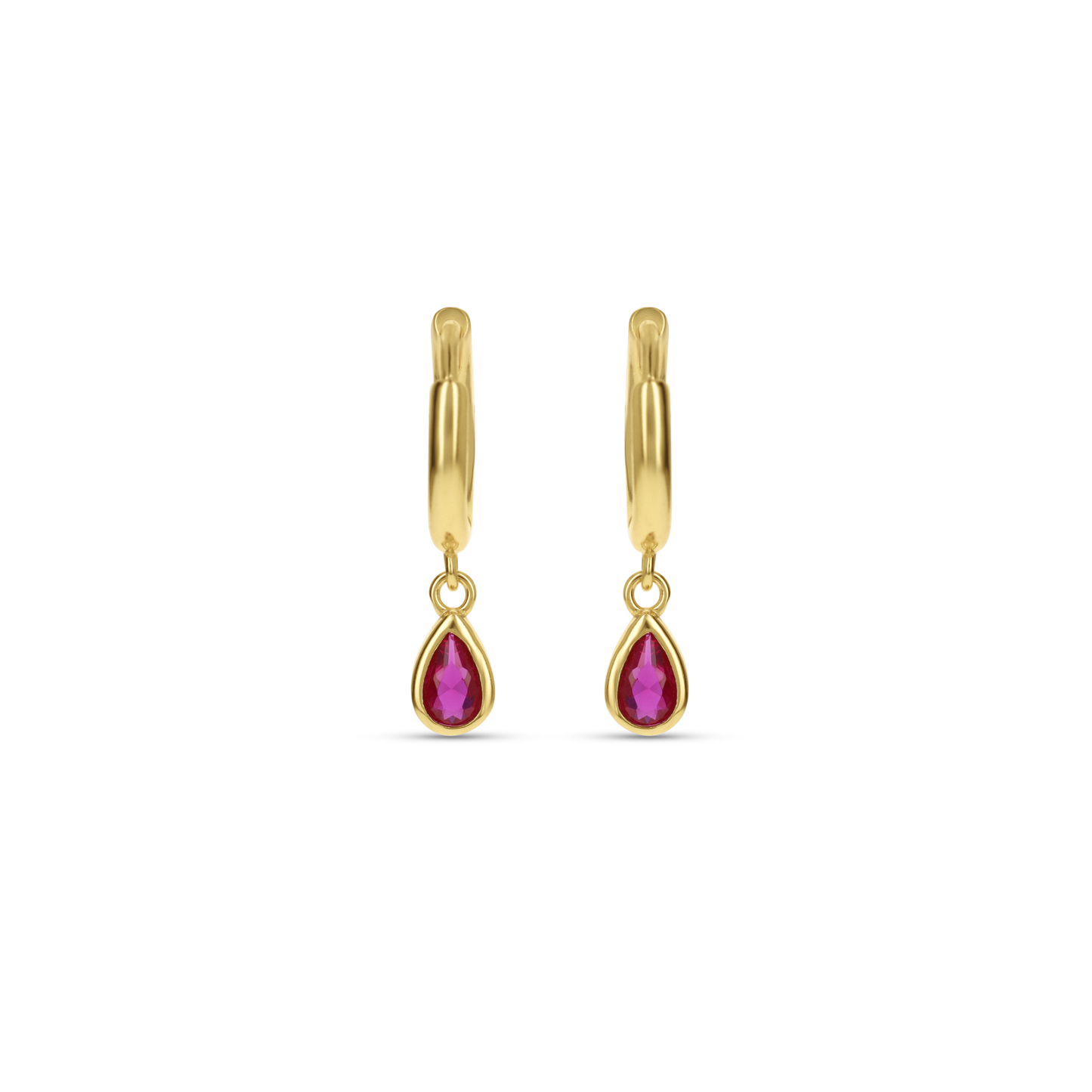 Ruby Red Pear Shaped Drop Charm Huggie Hoop Earrings in Gold from Alexandra Marks Jewelry