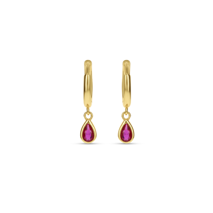 Ruby Red Pear Shaped Drop Charm Huggie Hoop Earrings in Gold from Alexandra Marks Jewelry