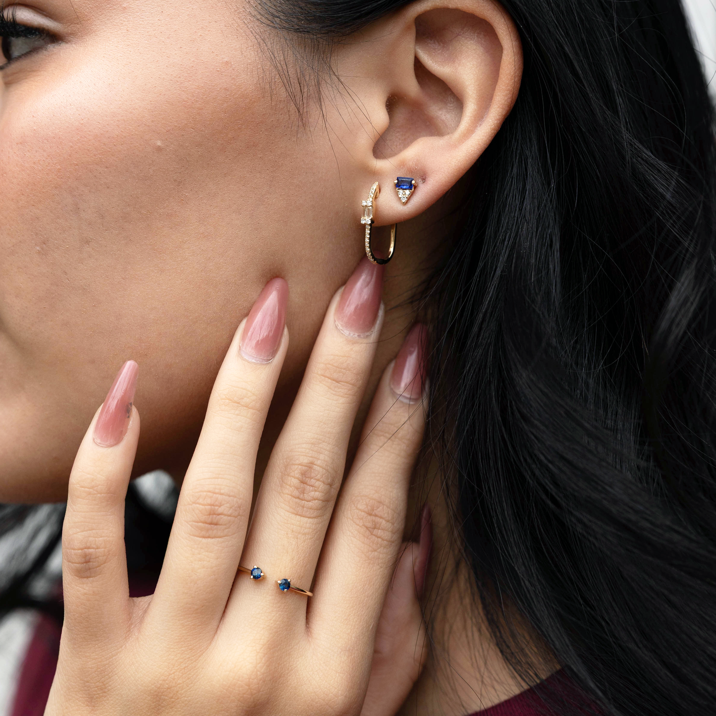 Diamond Oval Hoops & Sapphire Stud Earrings In Gold