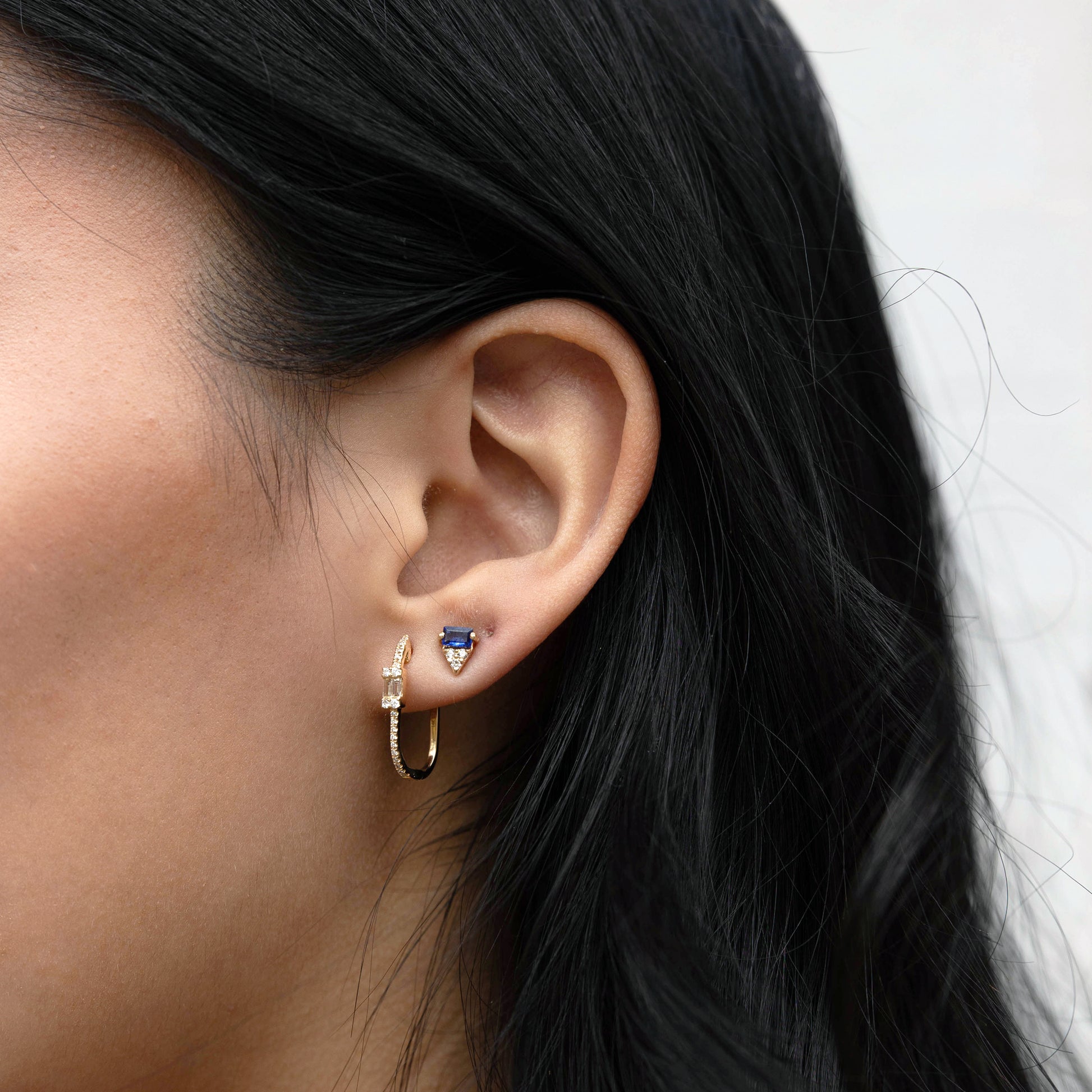 Sapphire Triangle Stud Earrings with Oval Diamond Hoop Earrings