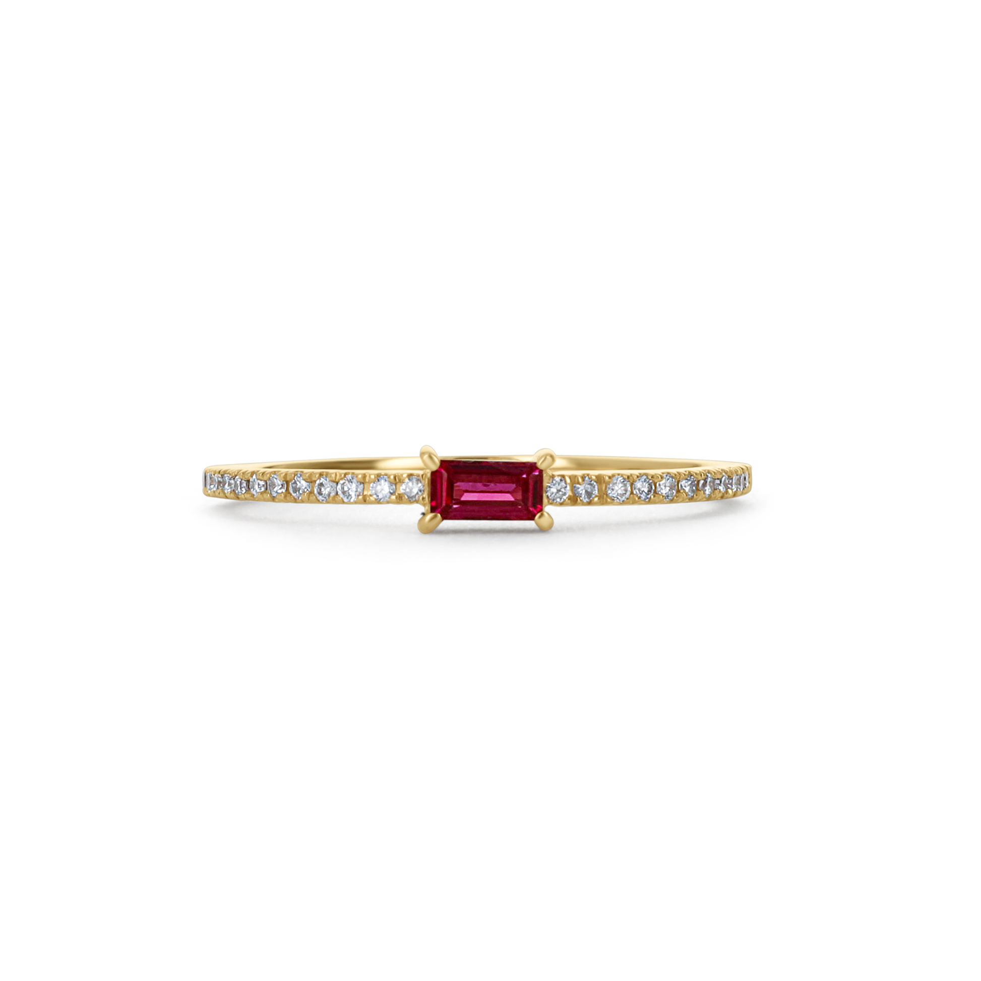 Thin Ruby & Diamond Stacking Ring in 14kt Yellow Gold From Alexandra Marks Jewelry. 