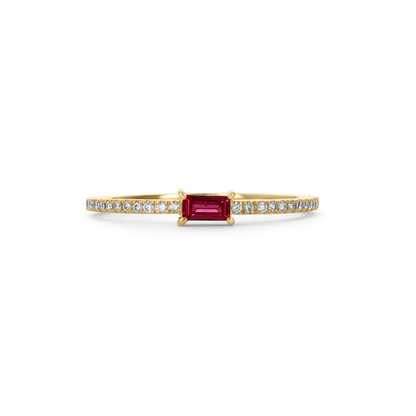 Thin Ruby & Diamond Stacking Ring in 14kt Yellow Gold From Alexandra Marks Jewelry. 