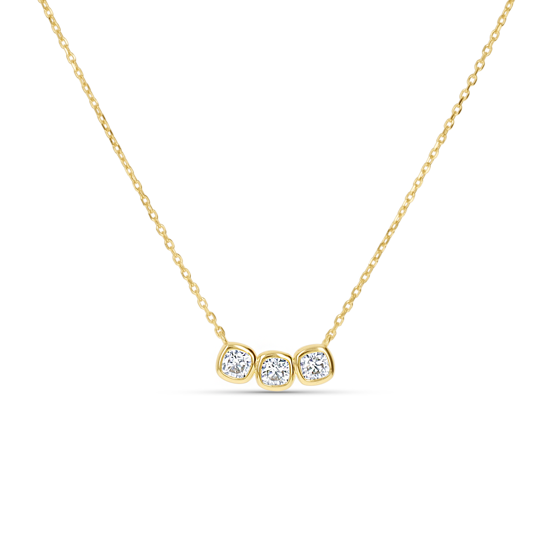 Delicate gold necklace with three bezel set cz stones from Alexandra Marks Jewelry.
