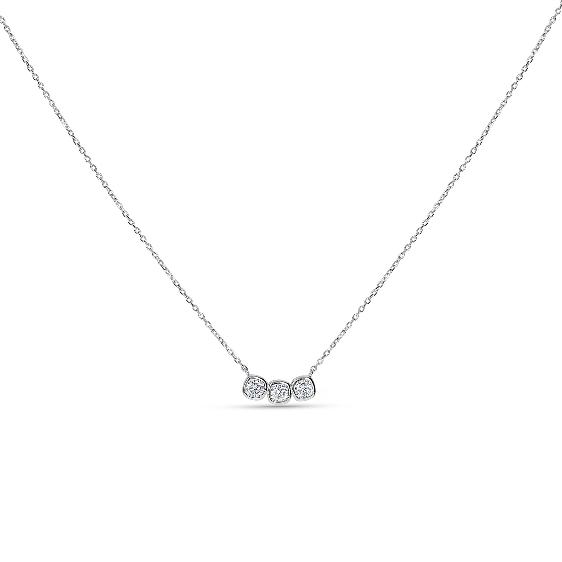 A delicate silver chain necklace featuring a small horizontal bar with three bezel-set round clear gemstone.