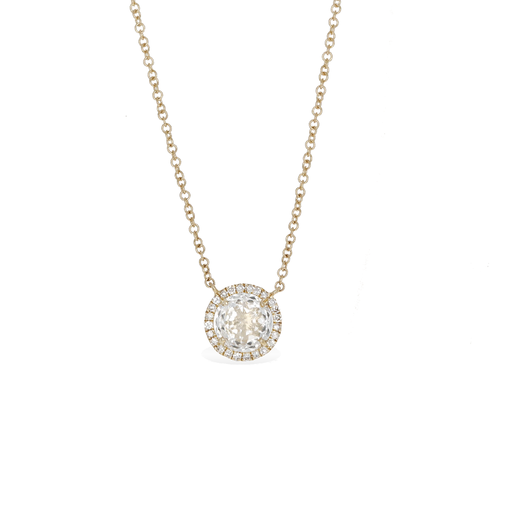 White Topaz & Diamond Halo Solitaire Necklace | Alexandra Marks