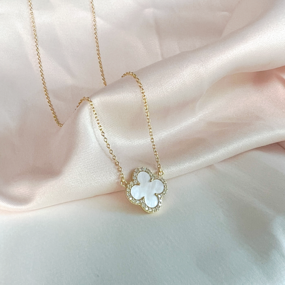 
            
                Load image into Gallery viewer, White Pearl Clover Necklace In Gold  from Alexandra Marks Designer Jewelry
            
        