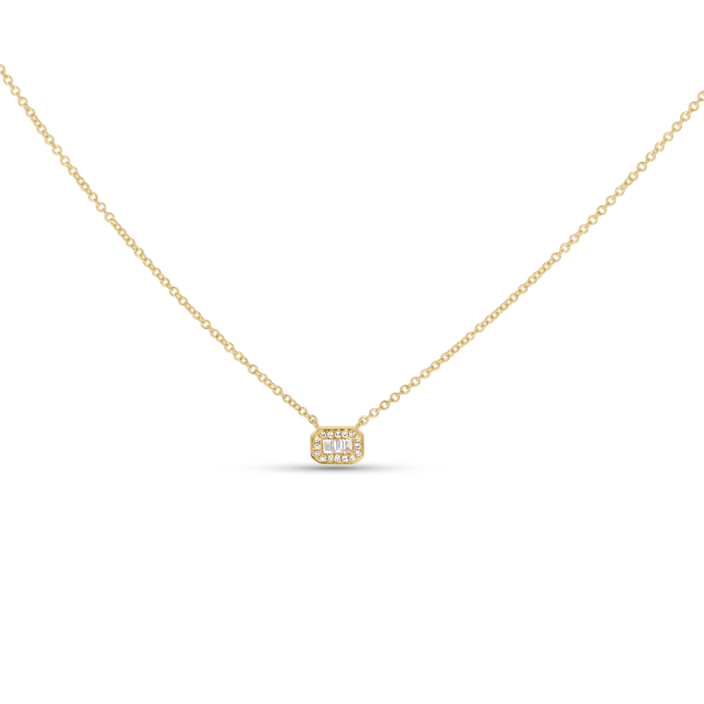 Petite Diamond Baguette Halo Necklace in gold from Alexandra Marks Jewelry. 