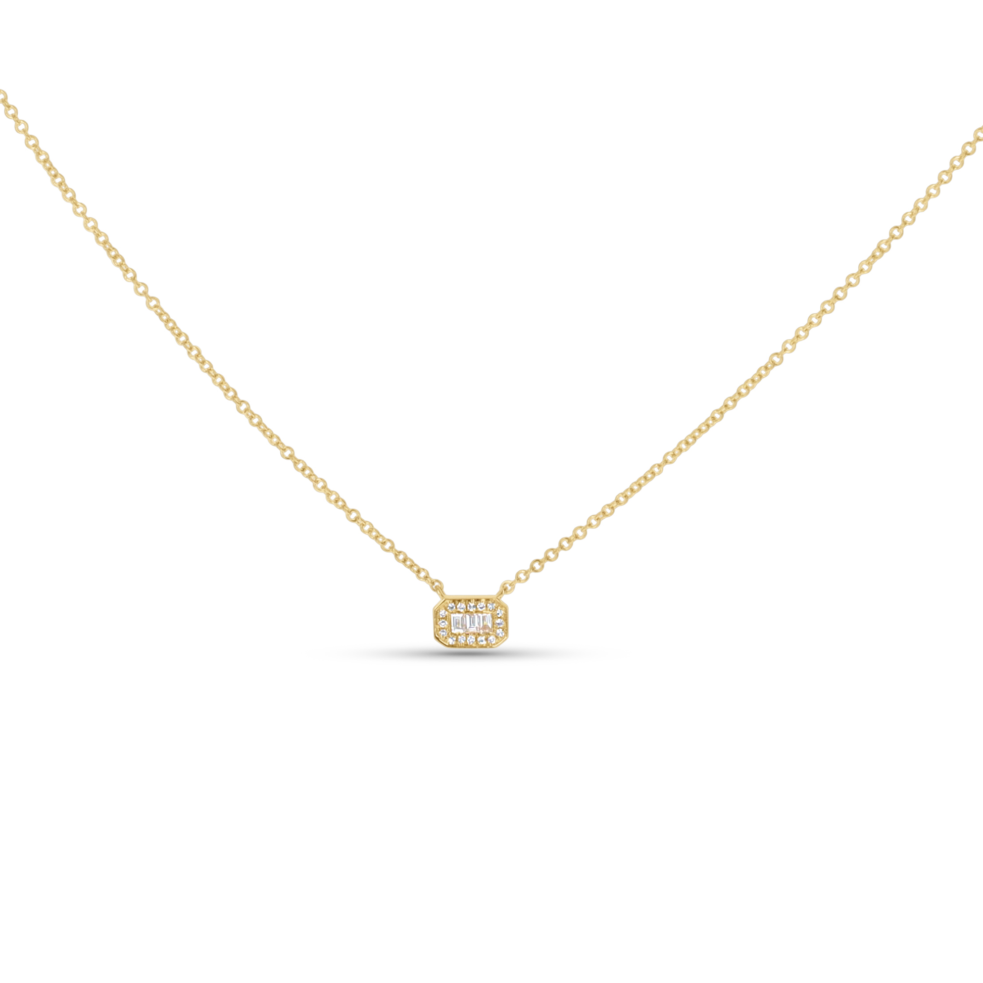 Petite Diamond Baguette Halo Necklace in gold from Alexandra Marks Jewelry. 