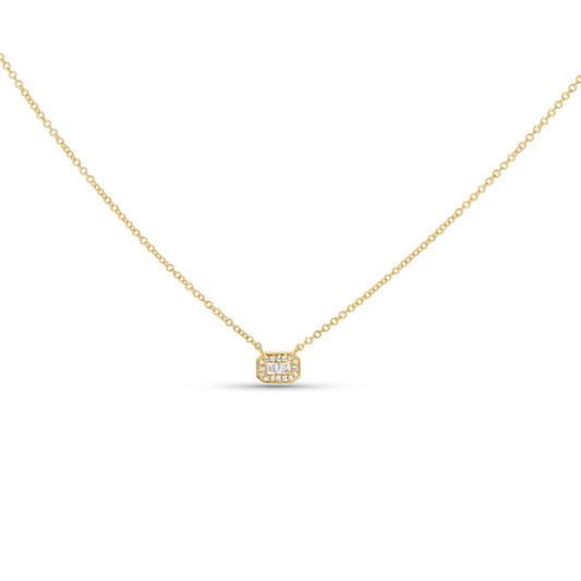 Petite Diamond Baguette Halo Necklace in gold from Alexandra Marks Jewelry. 