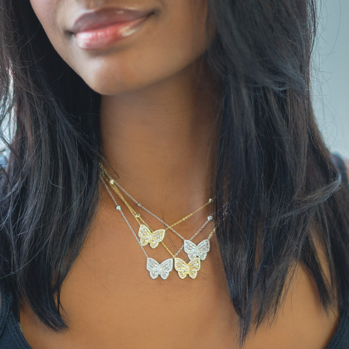 Silver and Gold Baguette CZ Butterfly Necklaces from Alexandra Marks Jewelry