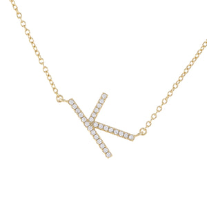 Sideways Cz Letter K initial necklace in gold
