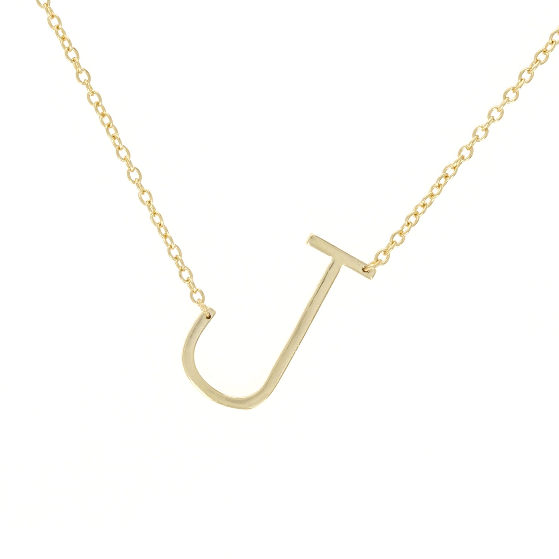 Gold sideways letter J initial necklace