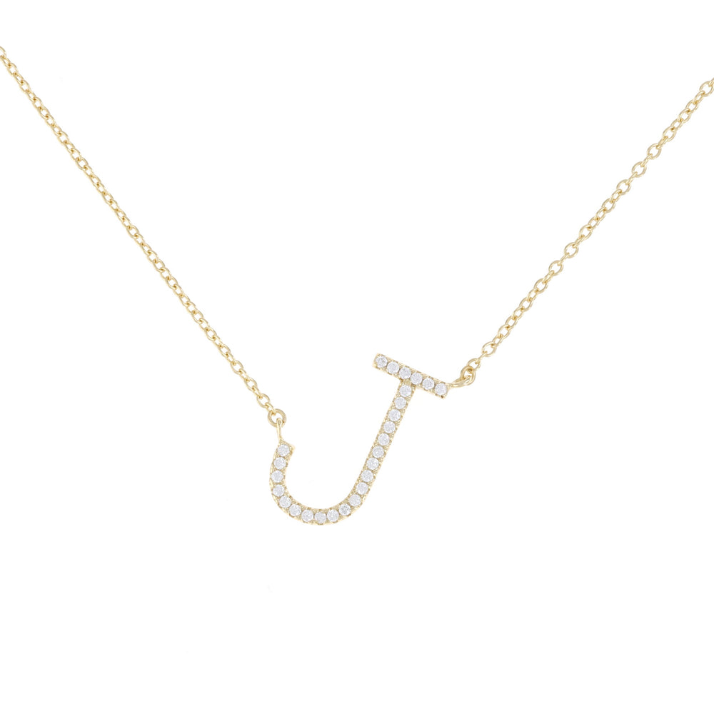 
            
                Load image into Gallery viewer, Capitial letter J sideways cz initial necklace in gold
            
        