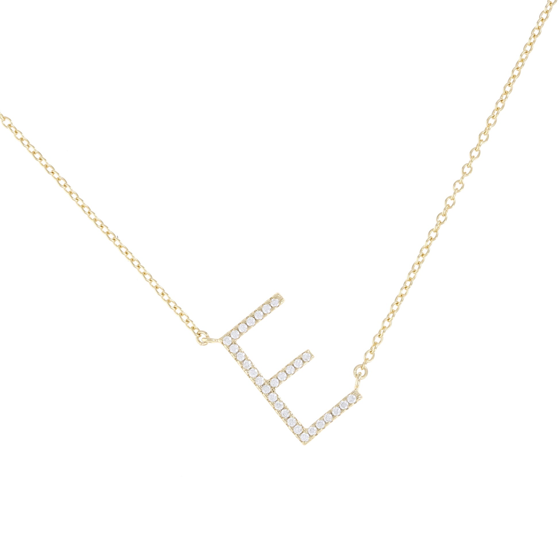 Gold & Diamond sideways letter E initial necklace