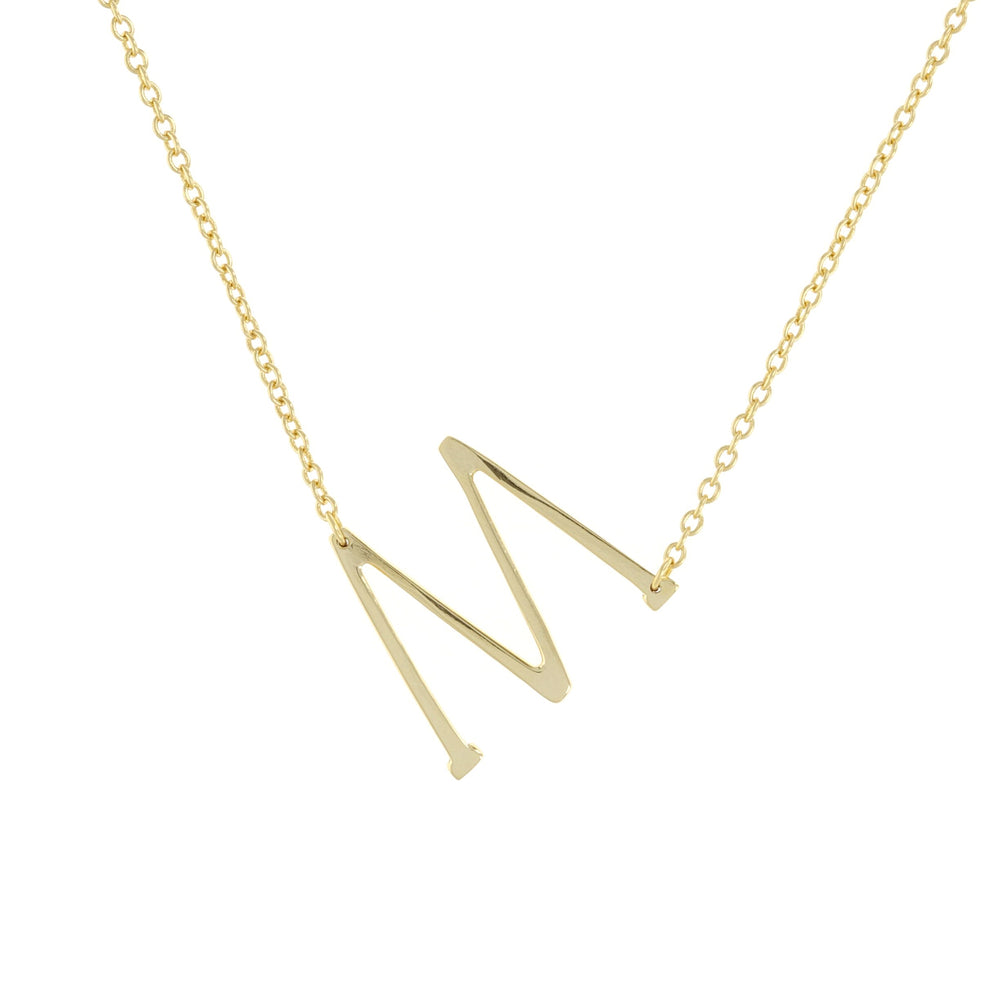 
            
                Load image into Gallery viewer, Sideways letter M initial necklace in gold - Alexandra Marks Jewelry
            
        
