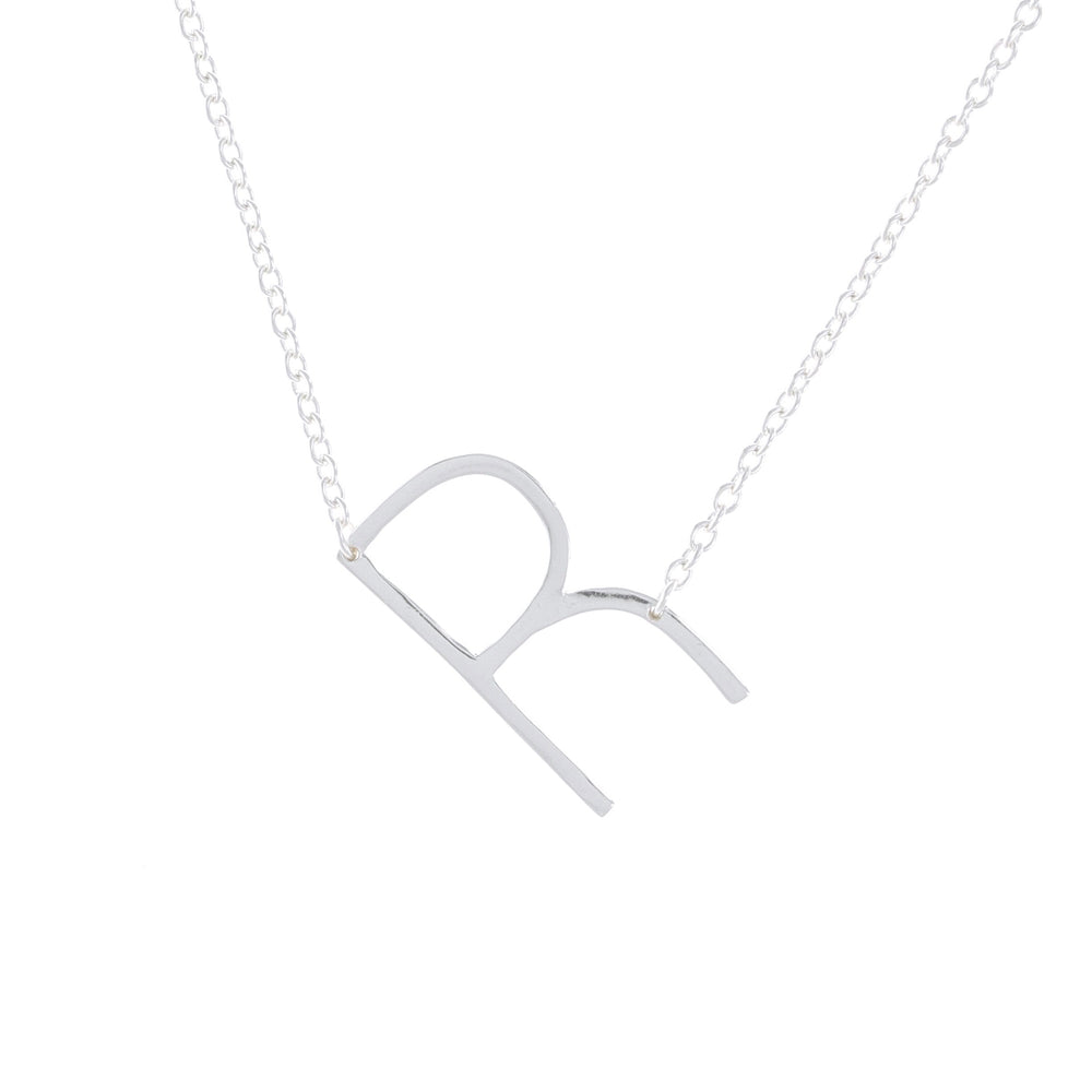 Simple sterling silver sideways letter R initial necklace