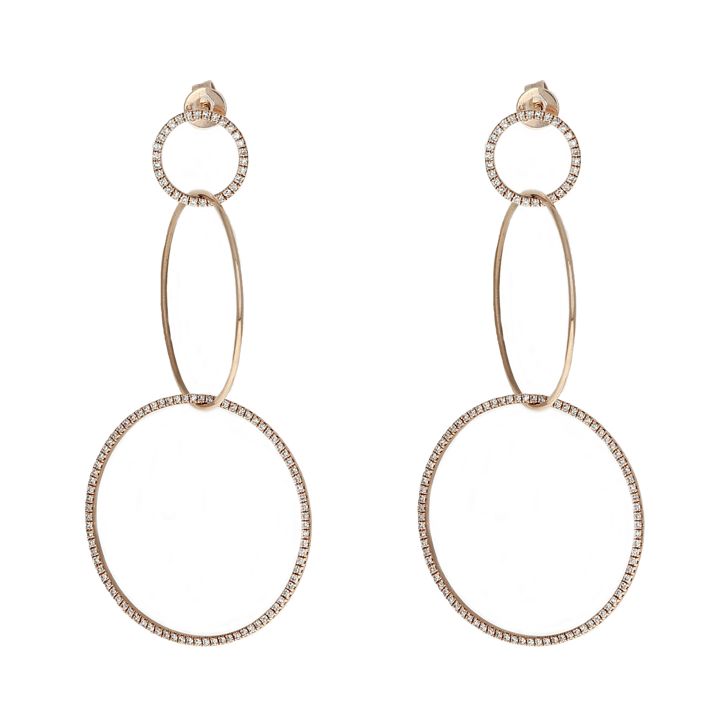 Front view of our 14kt rose gold and diamond triple open circle drop earrings