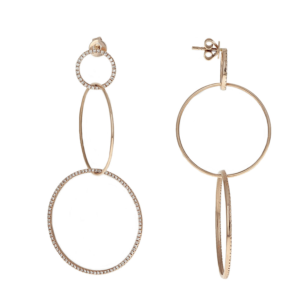 Font and side view of our 14kt rose gold and diamond graduated open circle drop earring