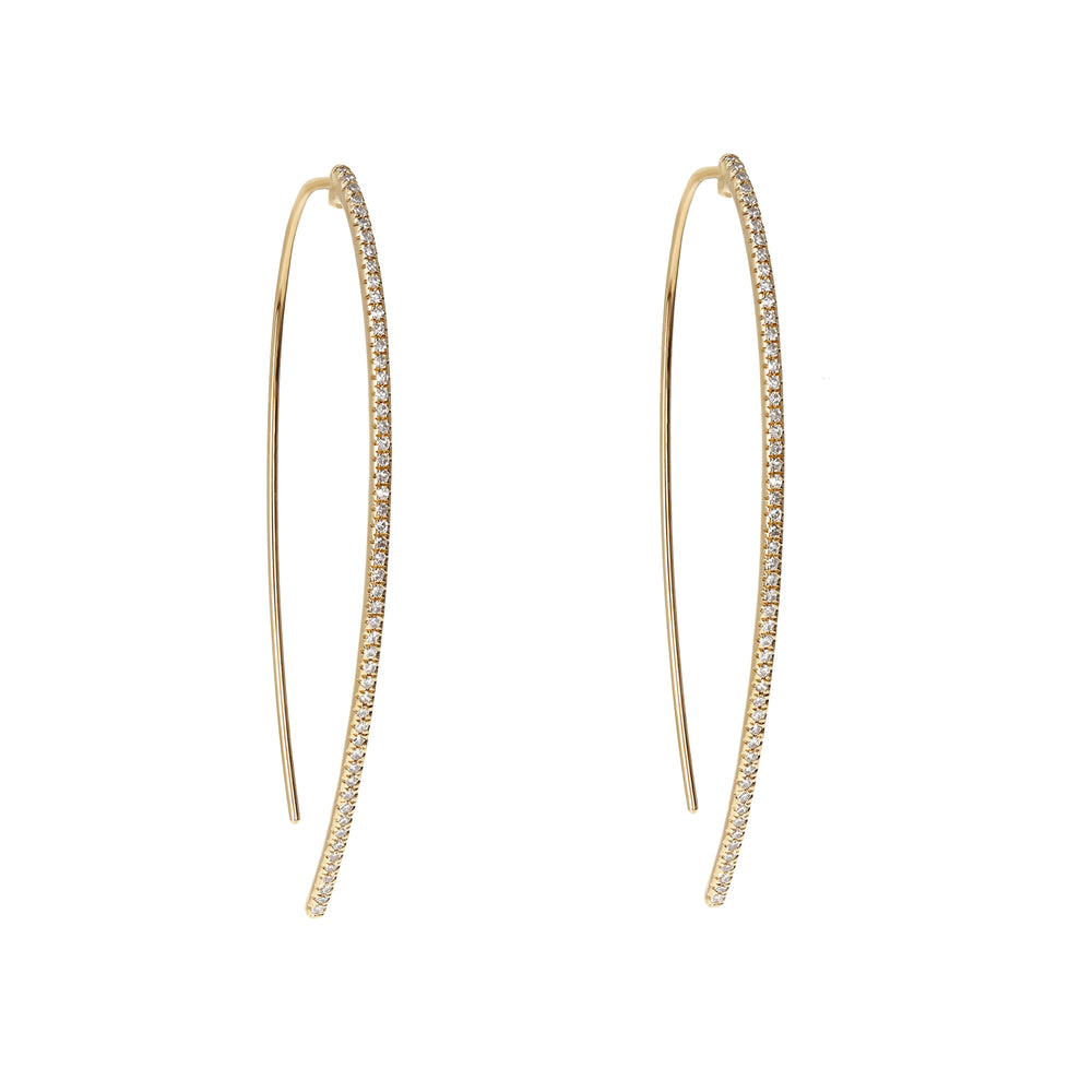 Modern diamond thin thread through statement earrings in 14kt yellow gold