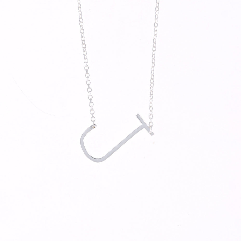 Silver letter J sideways initial necklace