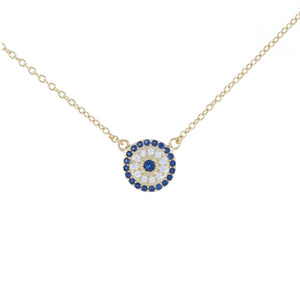 Small Blue & Clear Cz Evil Eye Disc Necklace in Gold - Alexandra Marks Jewelry