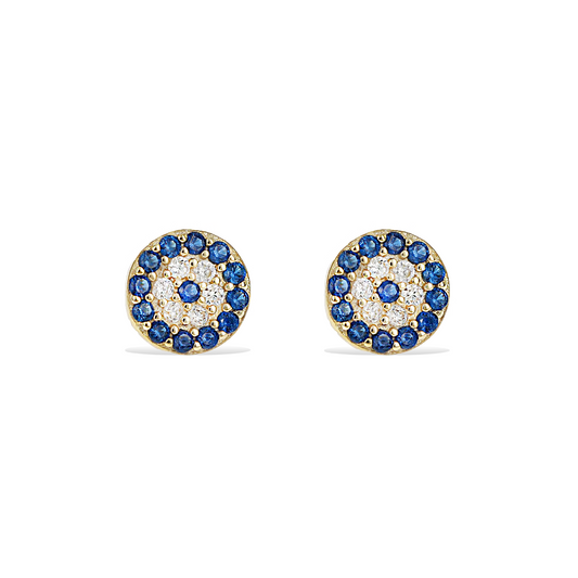 Small sapphire blue cz evil eye stud earrings in gold